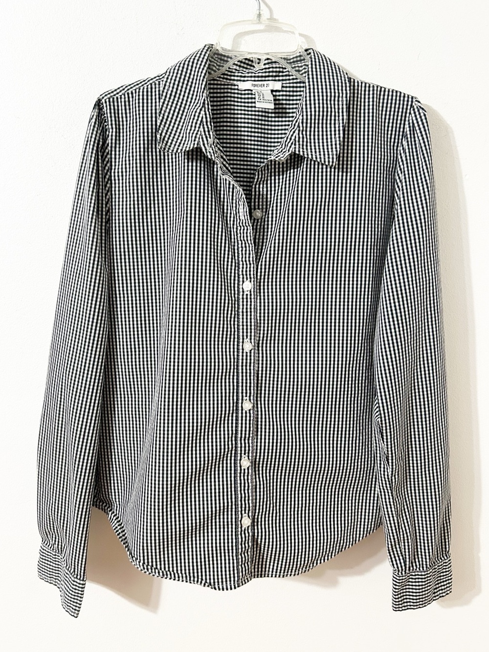 Forever 21 Gingham Checkered Button-Down Shirt Puff Shoulder Size M Black White